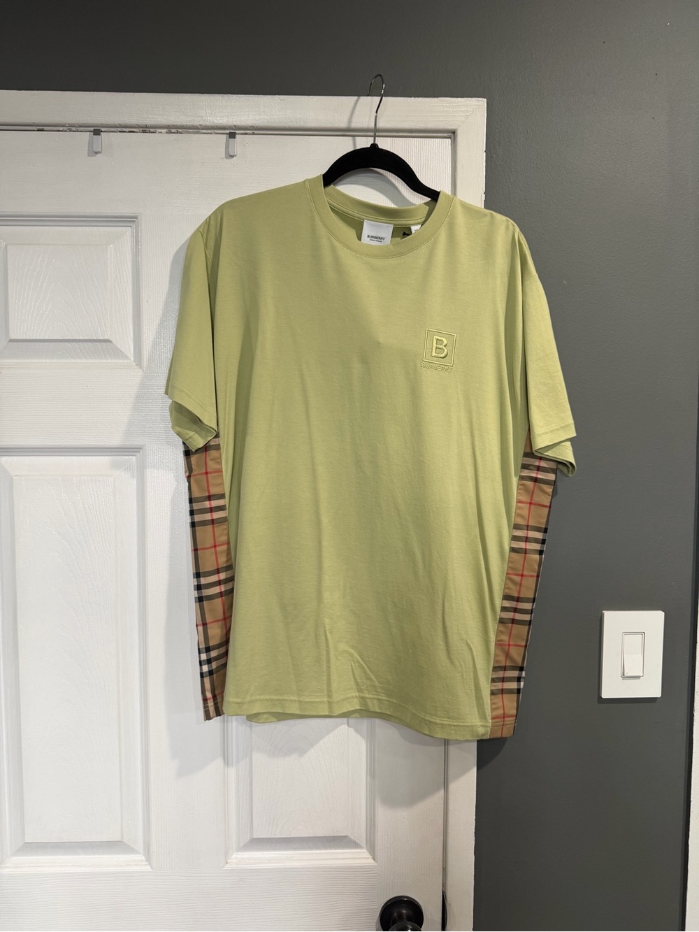 Burberry Light Green Short Sleeve Tee with Signature Plaid Panels